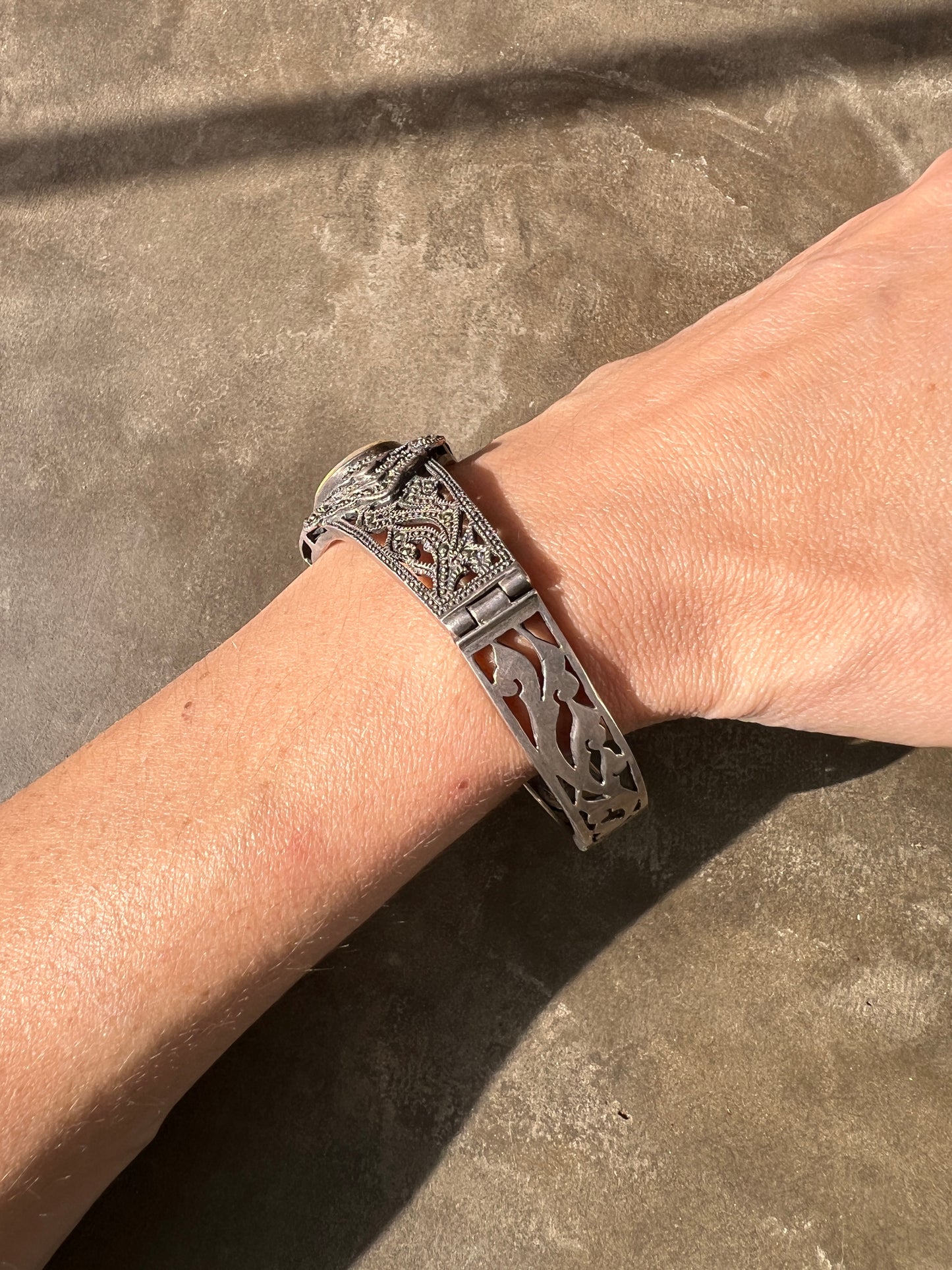Art Deco Sterling Marcasite and Mother of Pearl Hinged Bracelet