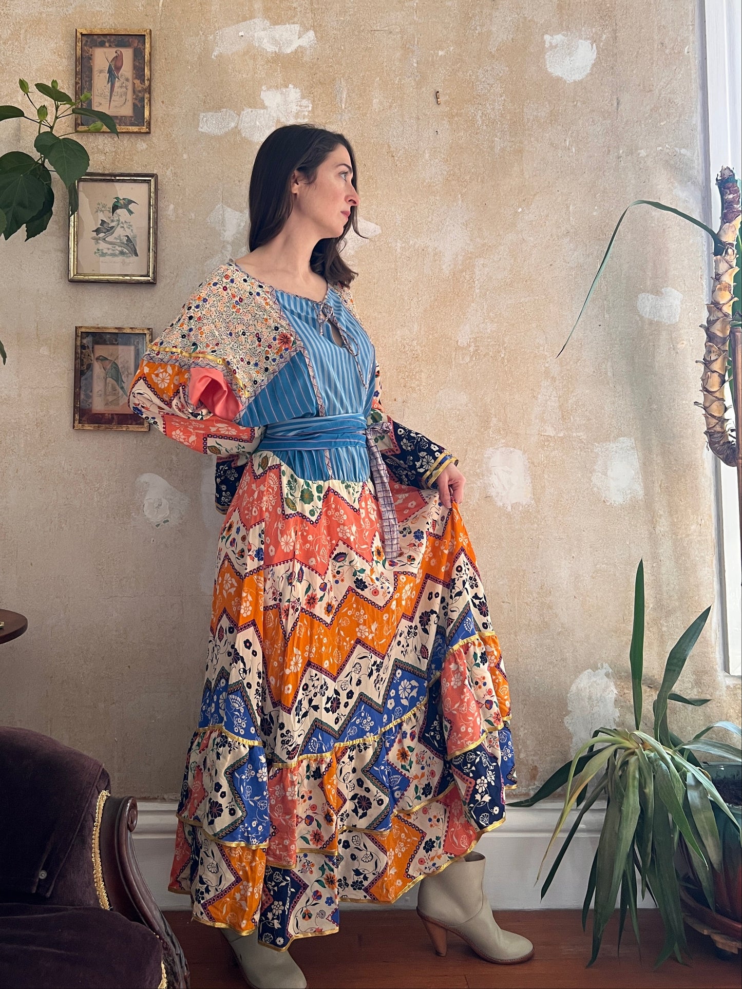 1980s Koos Van Den Akker 100% Silk Multicolor Collage Dress M/L