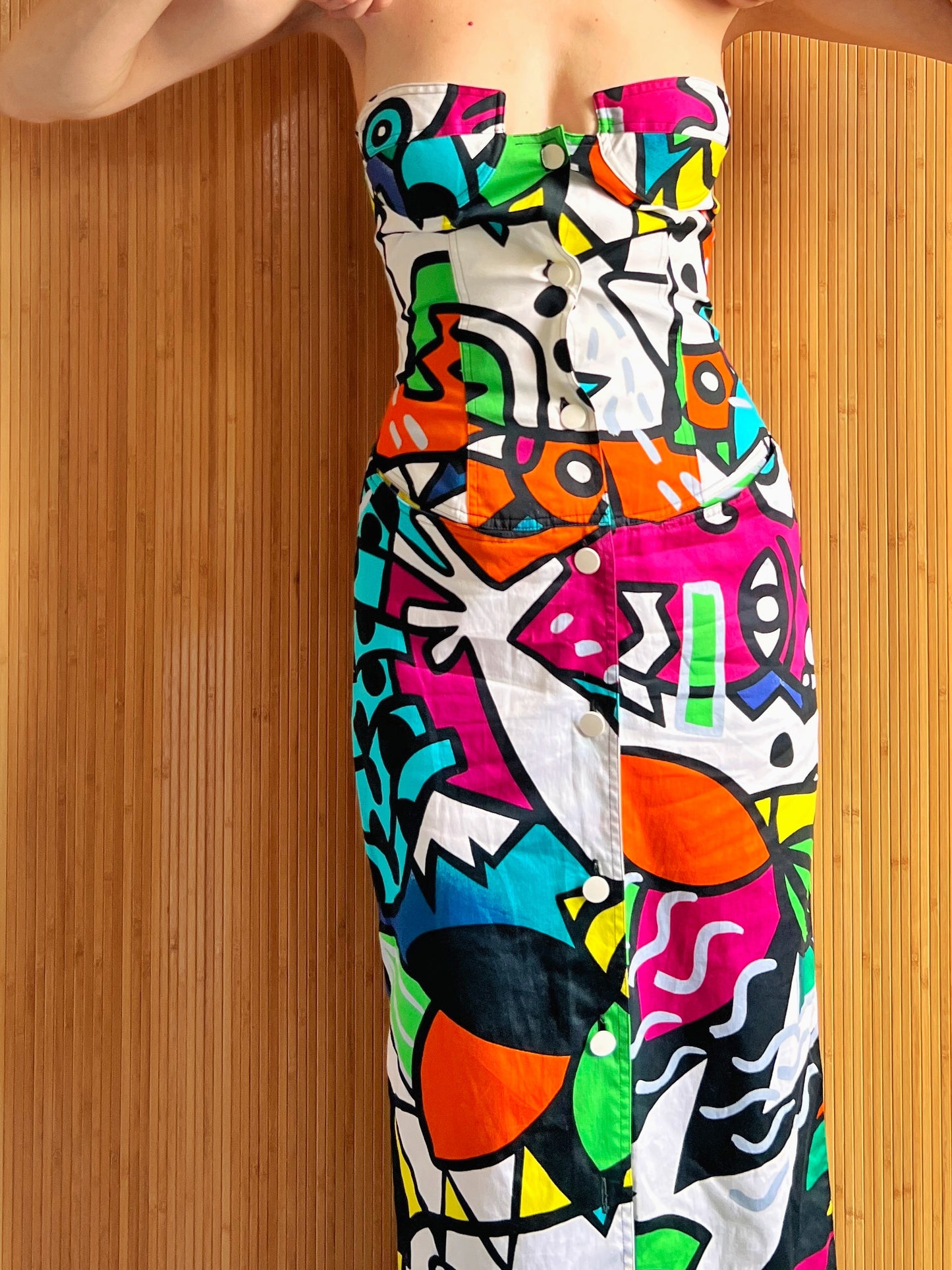 1980s Enrico Coveri Pop Art Print Corset Dress XS/S