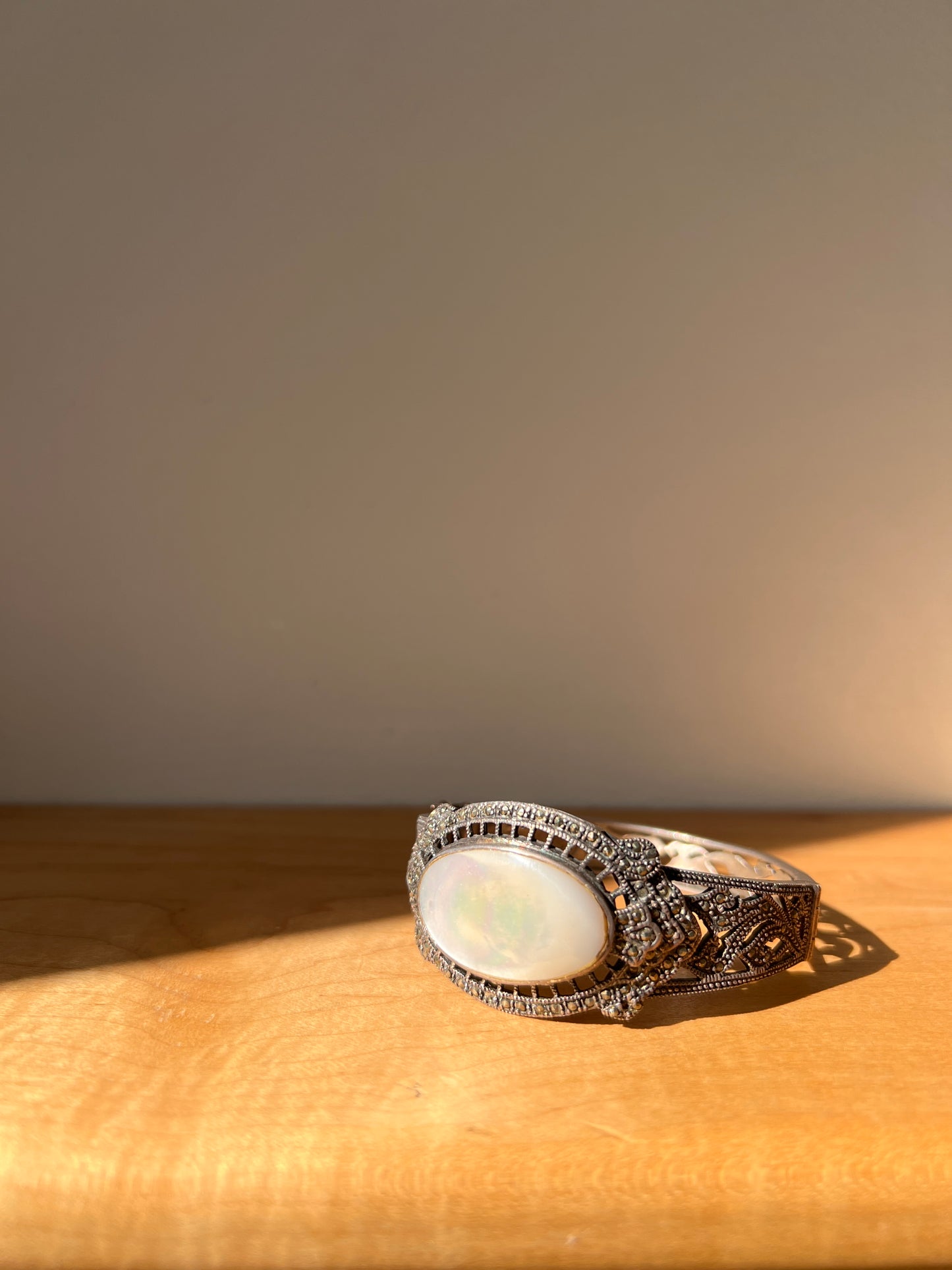 Art Deco Sterling Marcasite and Mother of Pearl Hinged Bracelet
