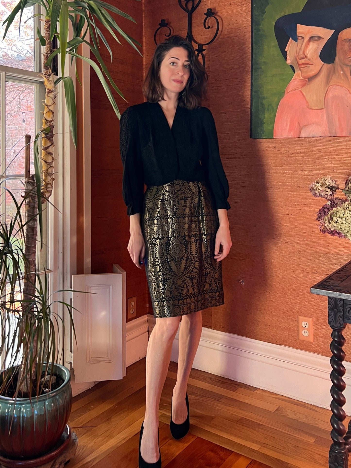 1980s Christian Lacroix Metallic Brocade Pencil Skirt S