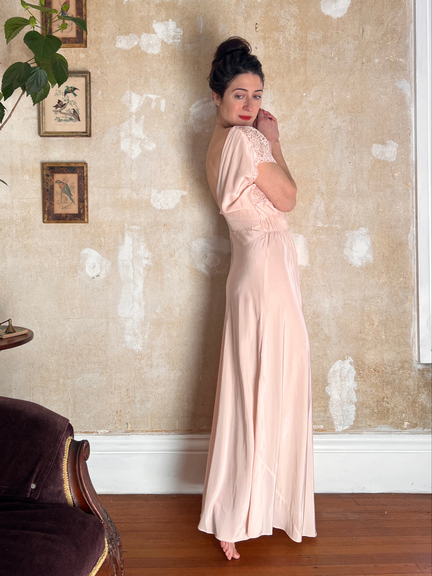 1940s Pink Rayon & Lace Grecian Bias Cut Gown S/M