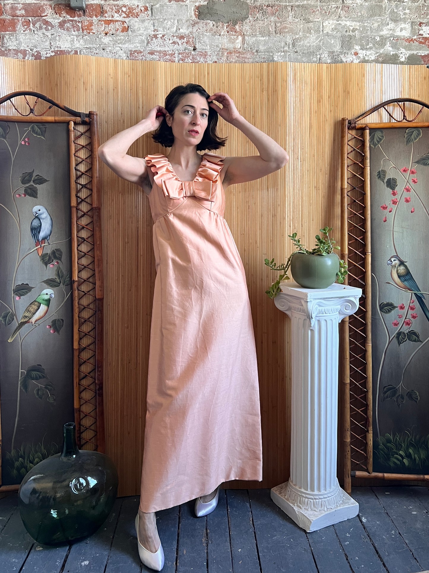 1960s Dupioni Silk Column Dress w Ruffle Neck & Bow XS