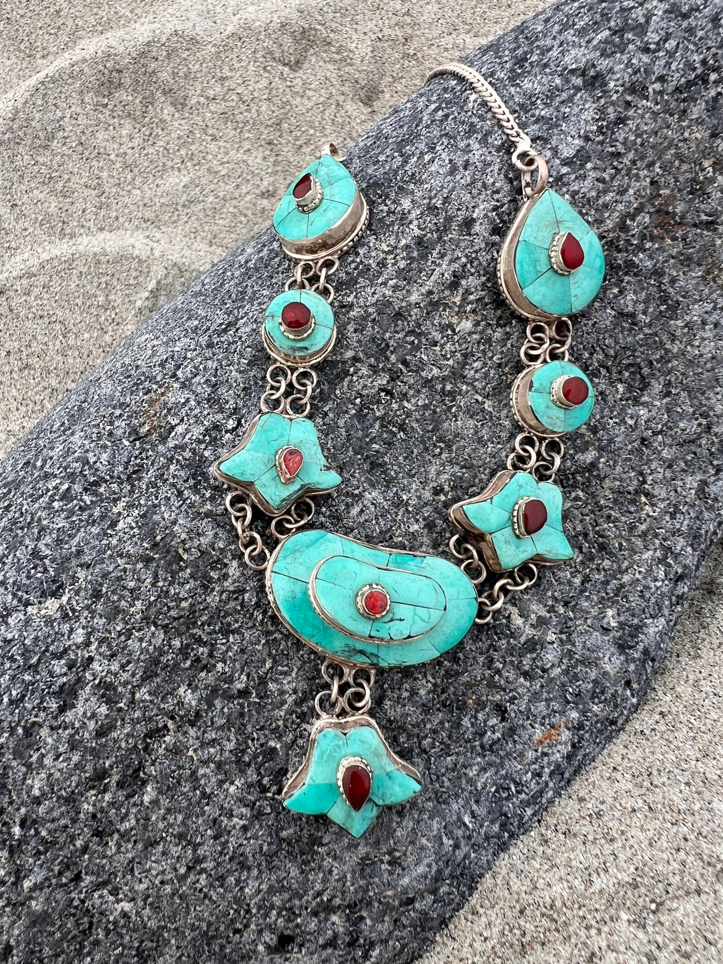 VTG Turquoise and Carnelian Tibetan Sterling Necklace