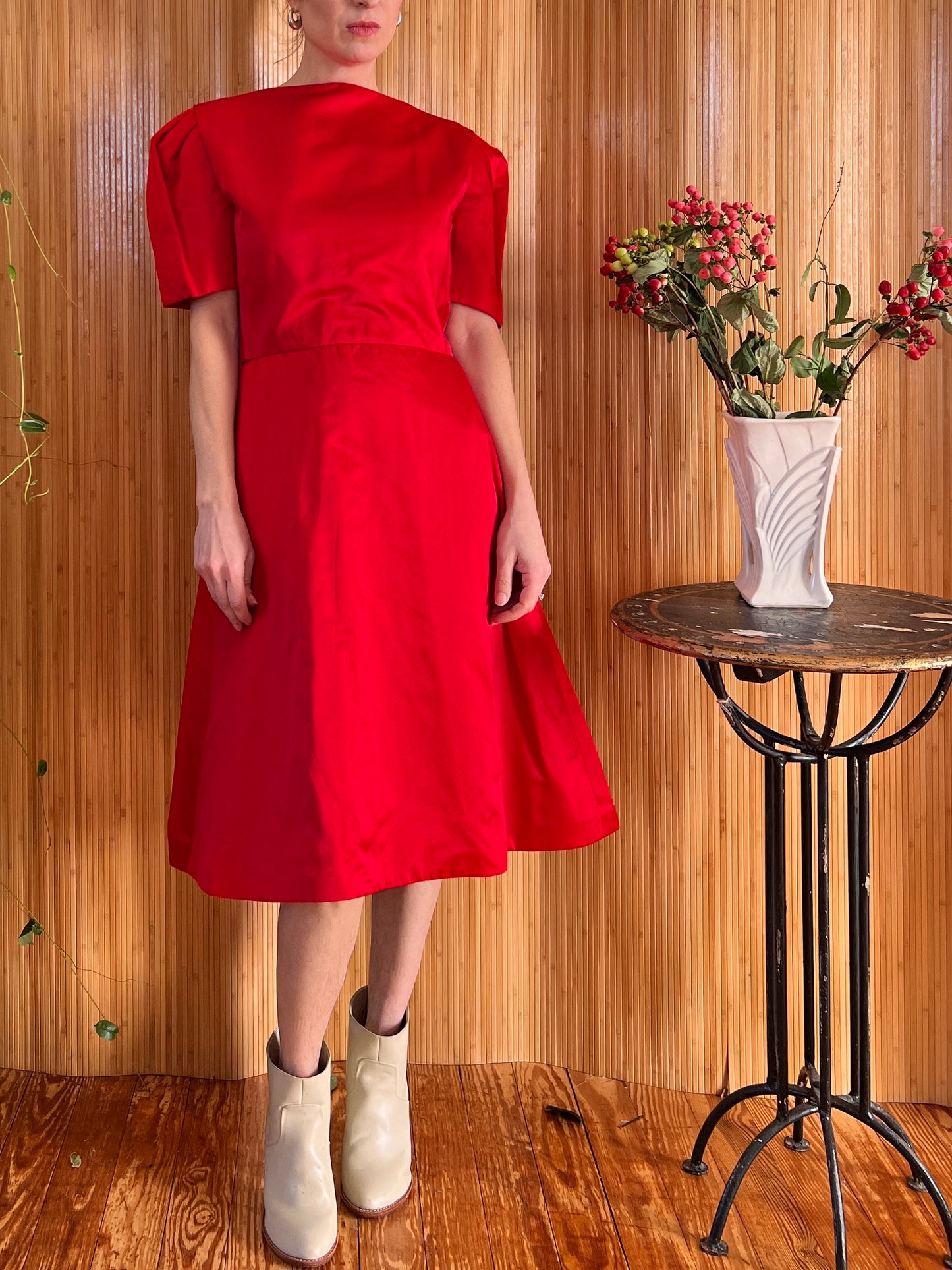 1950s Arnold Scaasi Cherry Red Silk Cocktail Dress M