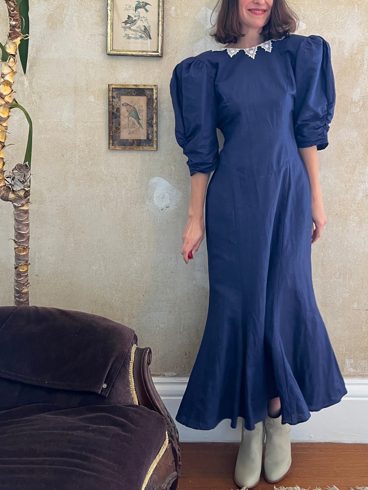 1980s Linen Cottage Maxi Dress M