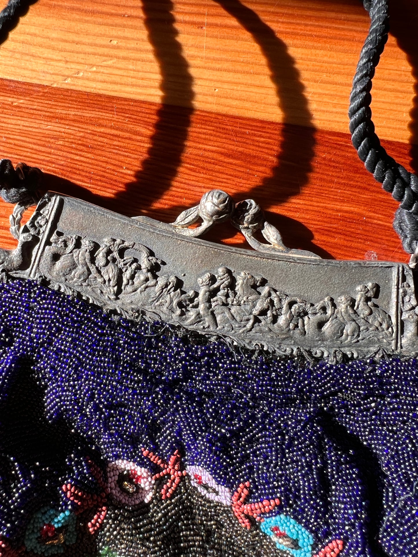 Large Antique Micro Bead Purse with Silver Repousse Frame