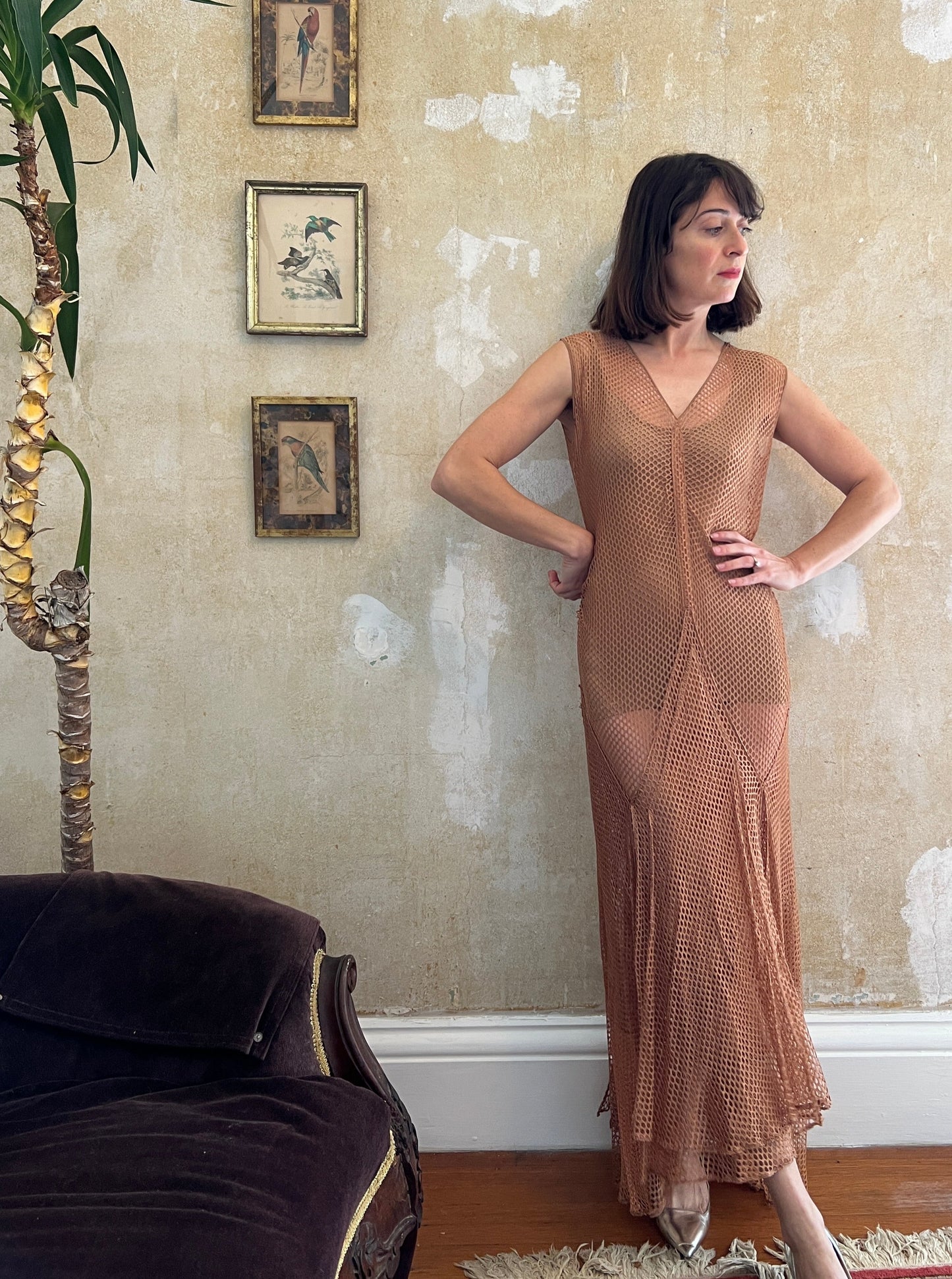 1930s Deco Shimmery Fishnet Gown M