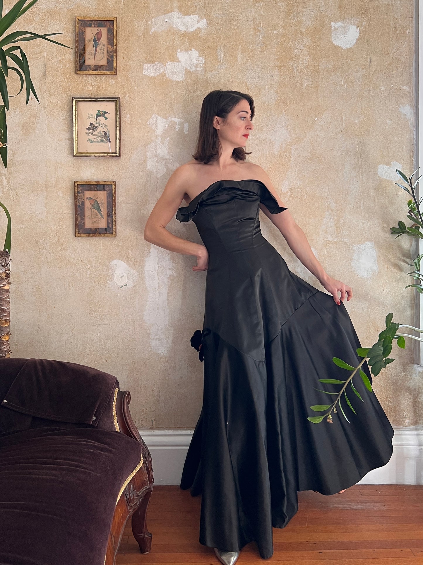 1940s Old Hollywood Satin Gown w/ Salmon Pink Lining S