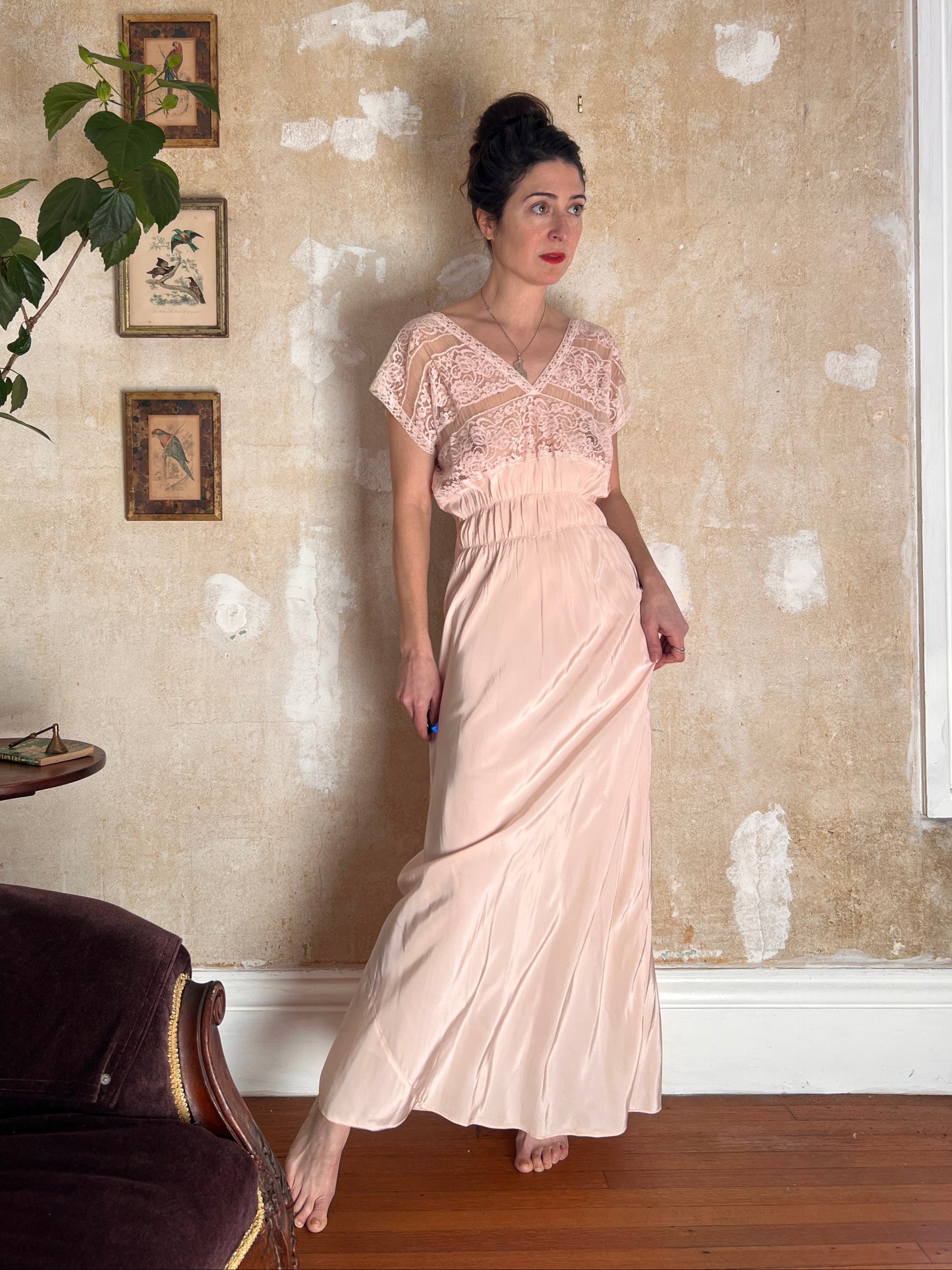 1940s Pink Rayon & Lace Grecian Bias Cut Gown S/M