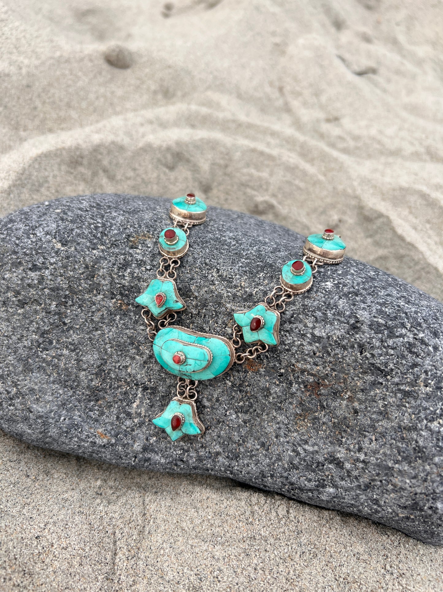 VTG Turquoise and Carnelian Tibetan Sterling Necklace