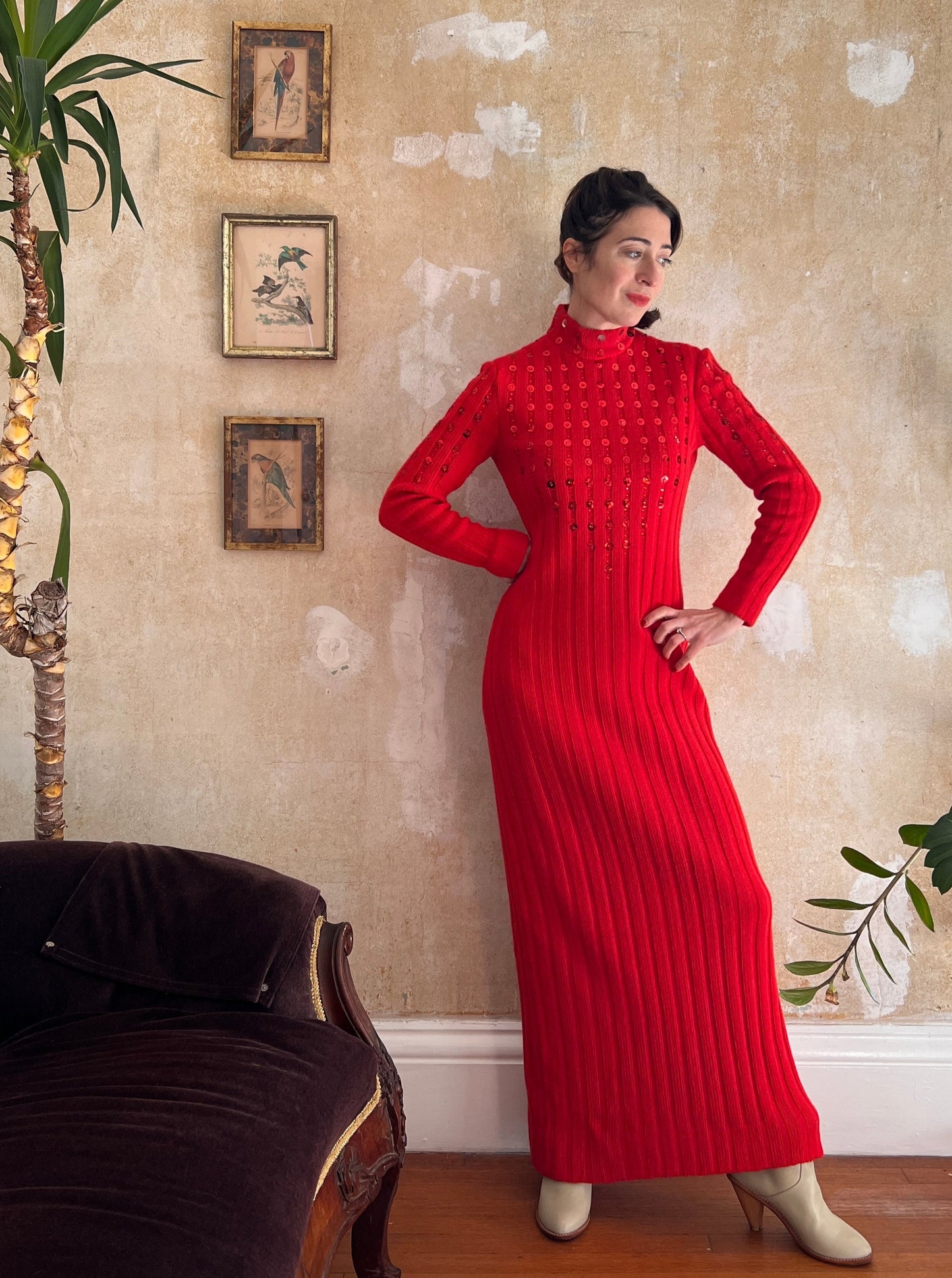 1970s Rizkallah for Malcolm Starr Sequin Studded Knit Body Con Dress M