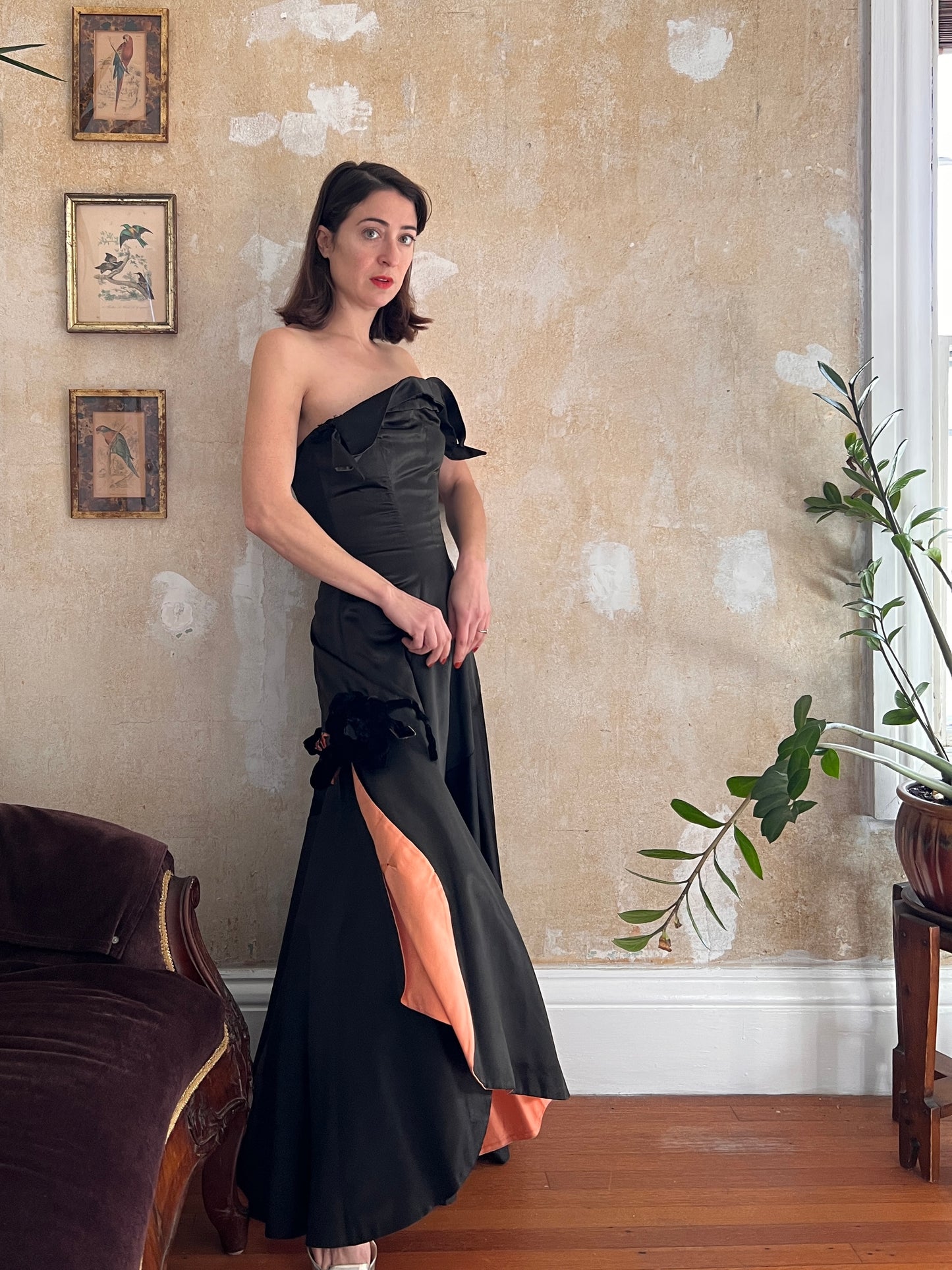 1940s Old Hollywood Satin Gown w/ Salmon Pink Lining S