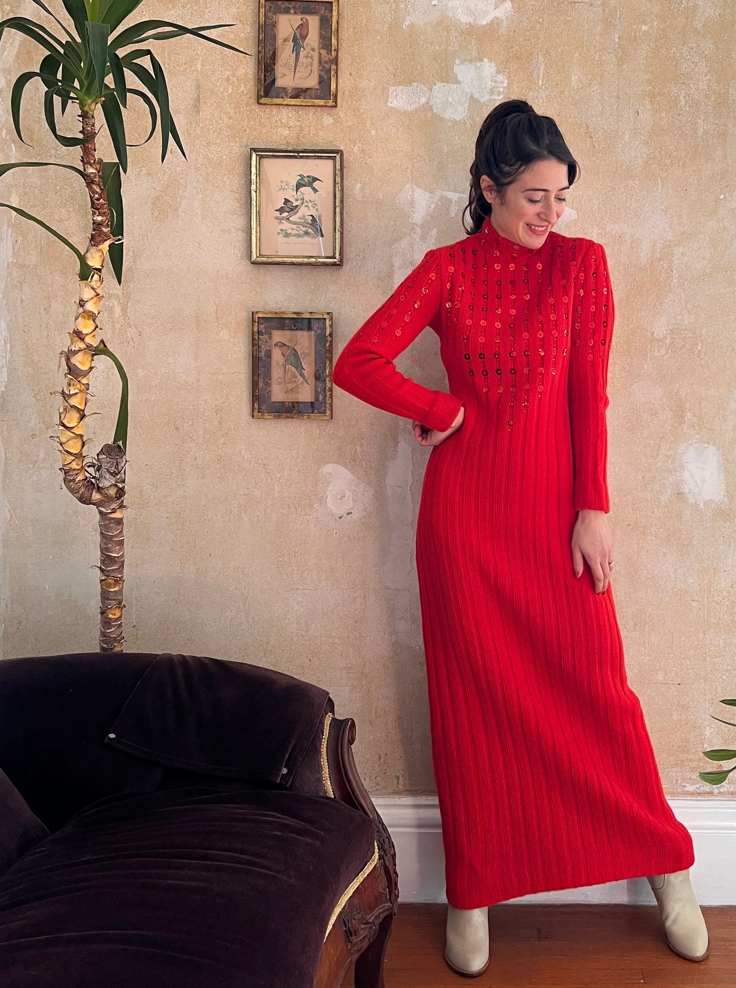 1970s Rizkallah for Malcolm Starr Sequin Studded Knit Body Con Dress M