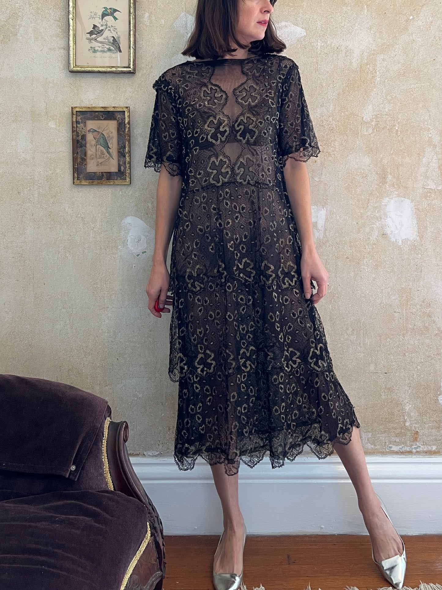 1920s Art Deco Metallic Thread Tiered Dress S/M