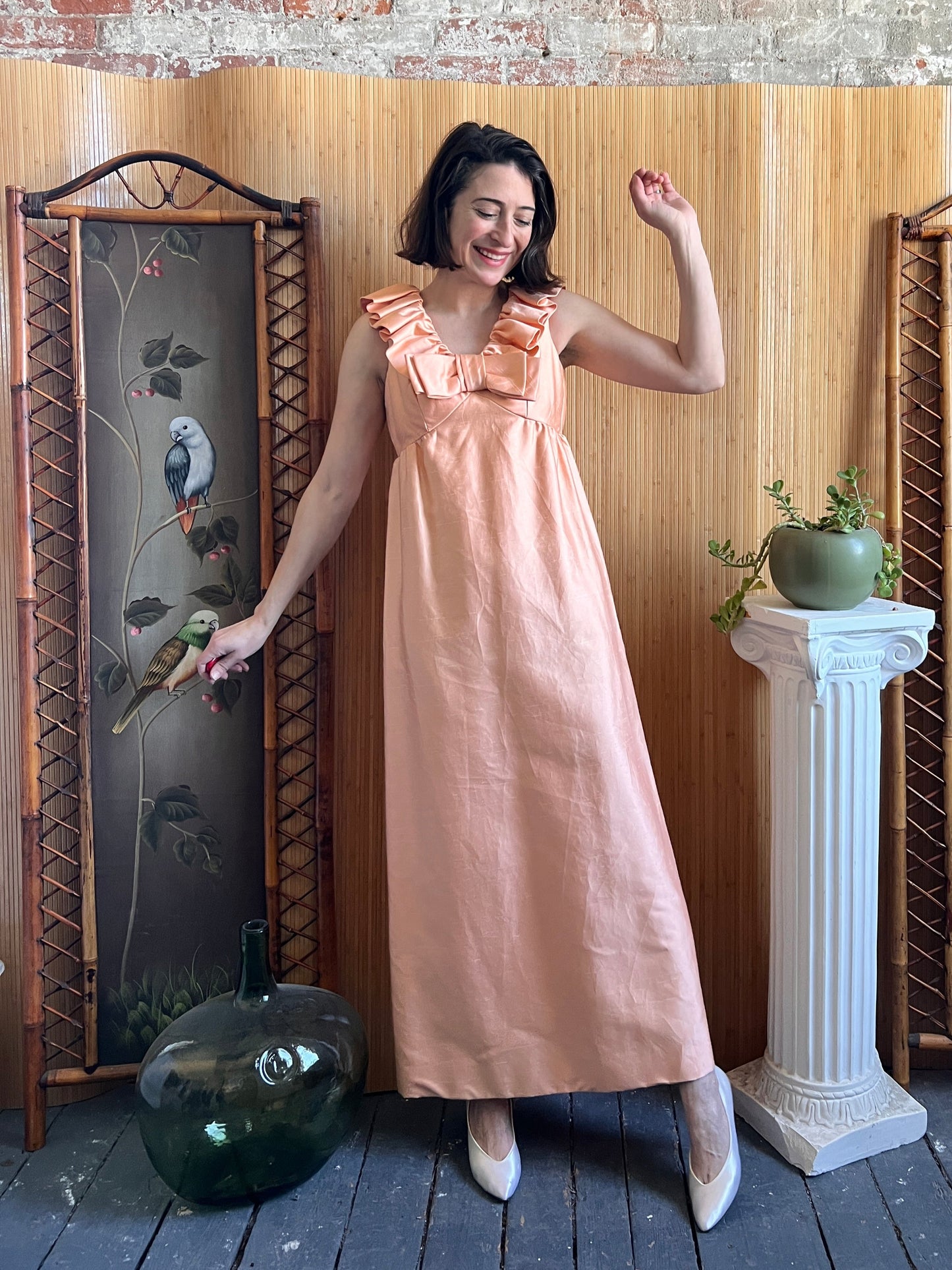 1960s Dupioni Silk Column Dress w Ruffle Neck & Bow XS
