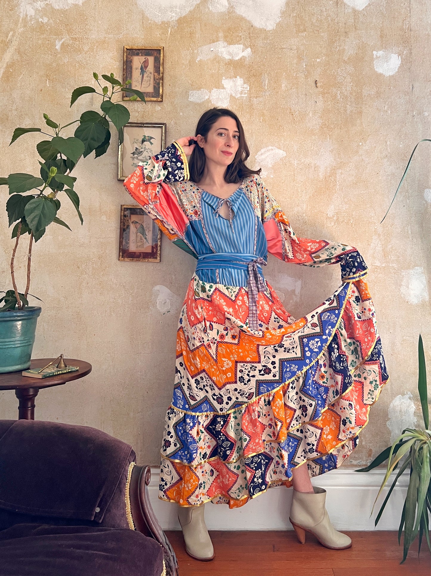 1980s Koos Van Den Akker 100% Silk Multicolor Collage Dress M/L
