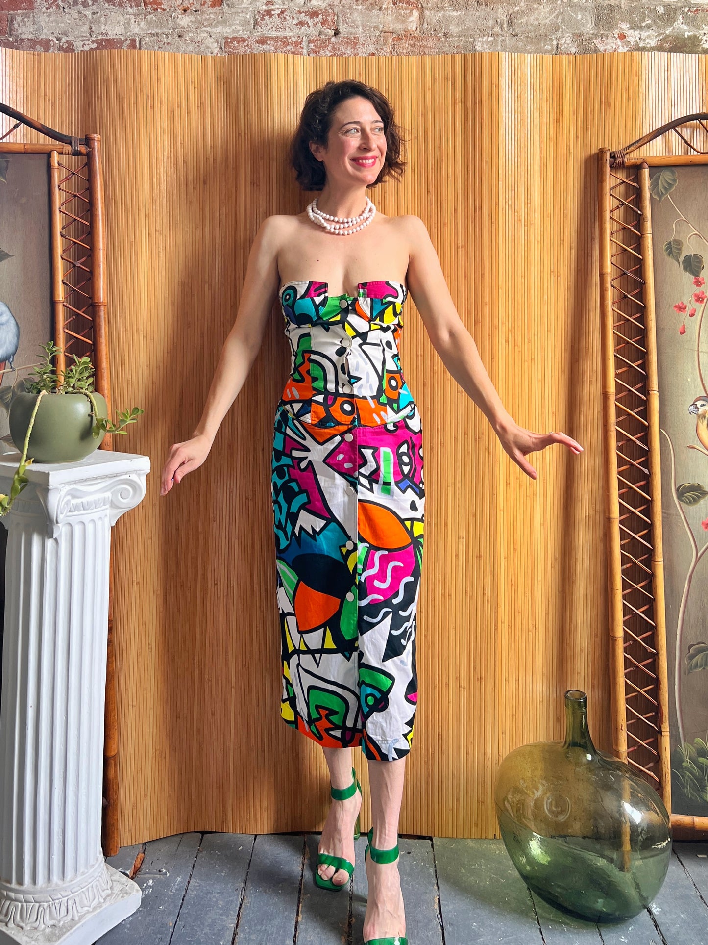 1980s Enrico Coveri Pop Art Print Corset Dress XS/S