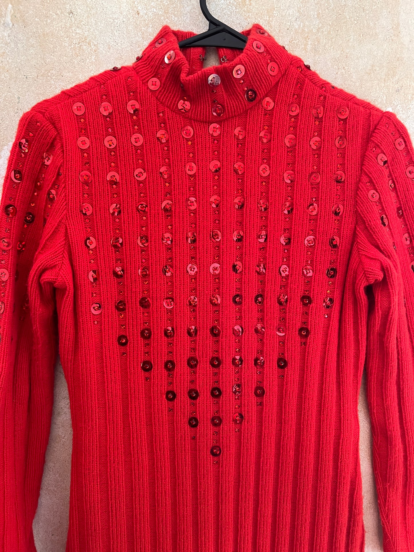 1970s Rizkallah for Malcolm Starr Sequin Studded Knit Body Con Dress M