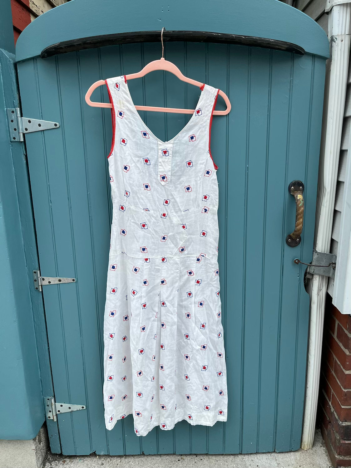 1930s Summer Linen Day Dress with Deco Embroidery S/M