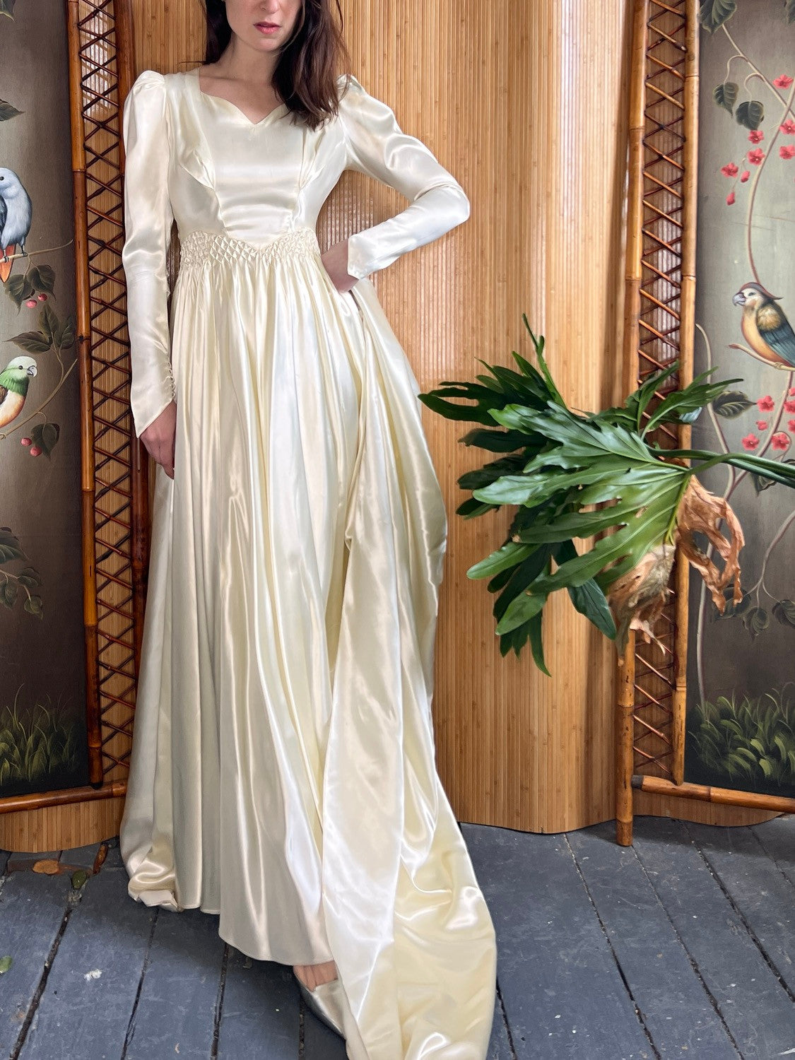 1940s Liquid Satin Smocked Wedding Gown with Cathedral Train S