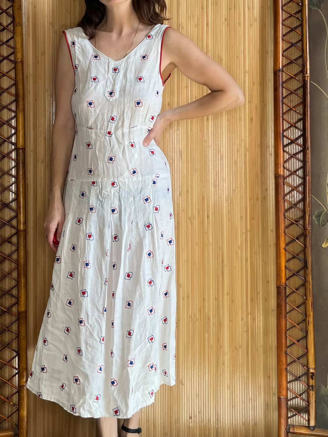 1930s Summer Linen Day Dress with Deco Embroidery S/M