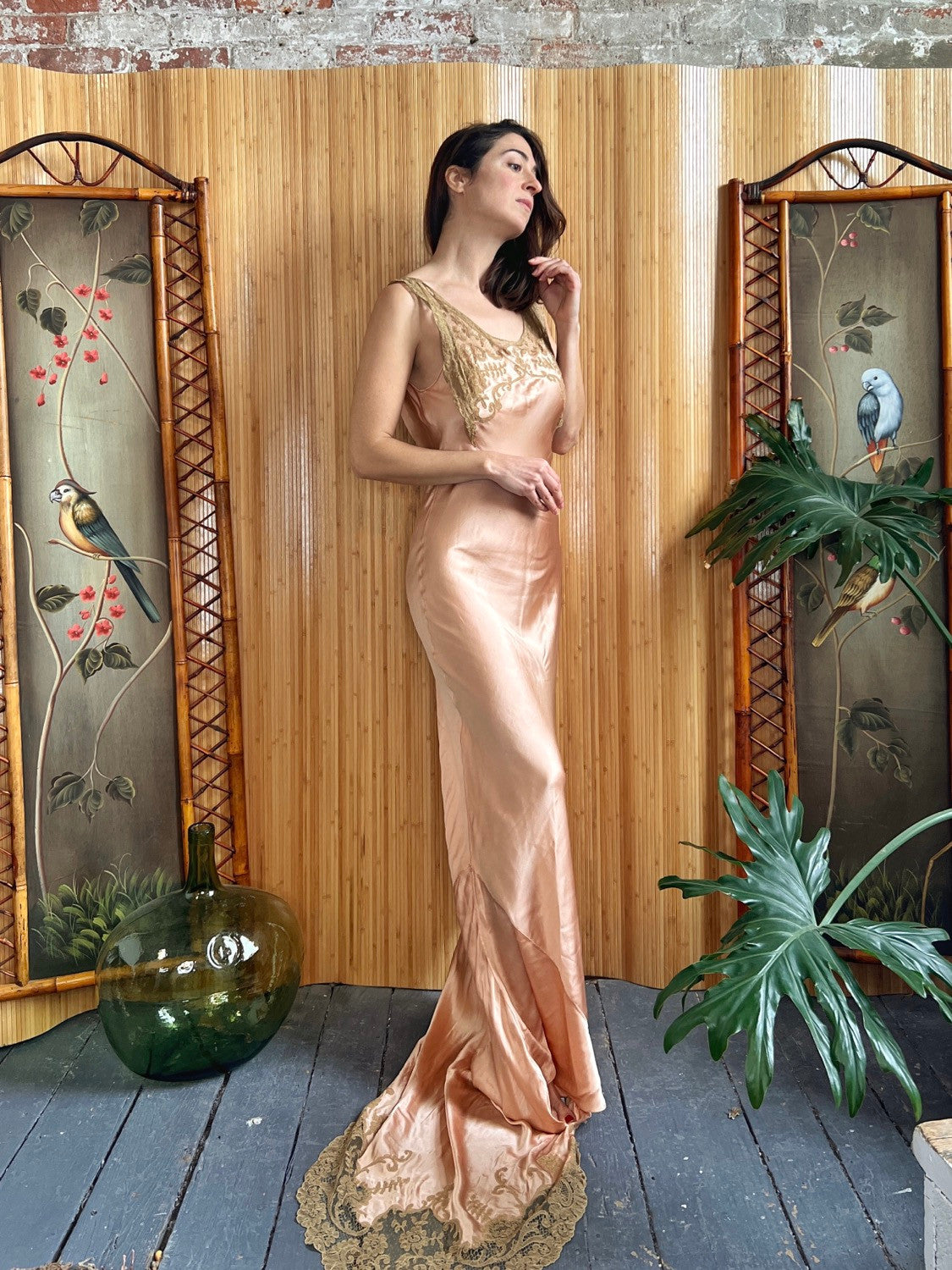 1930s Rose Gold Silk and Lace Bias Cut Gown S/M
