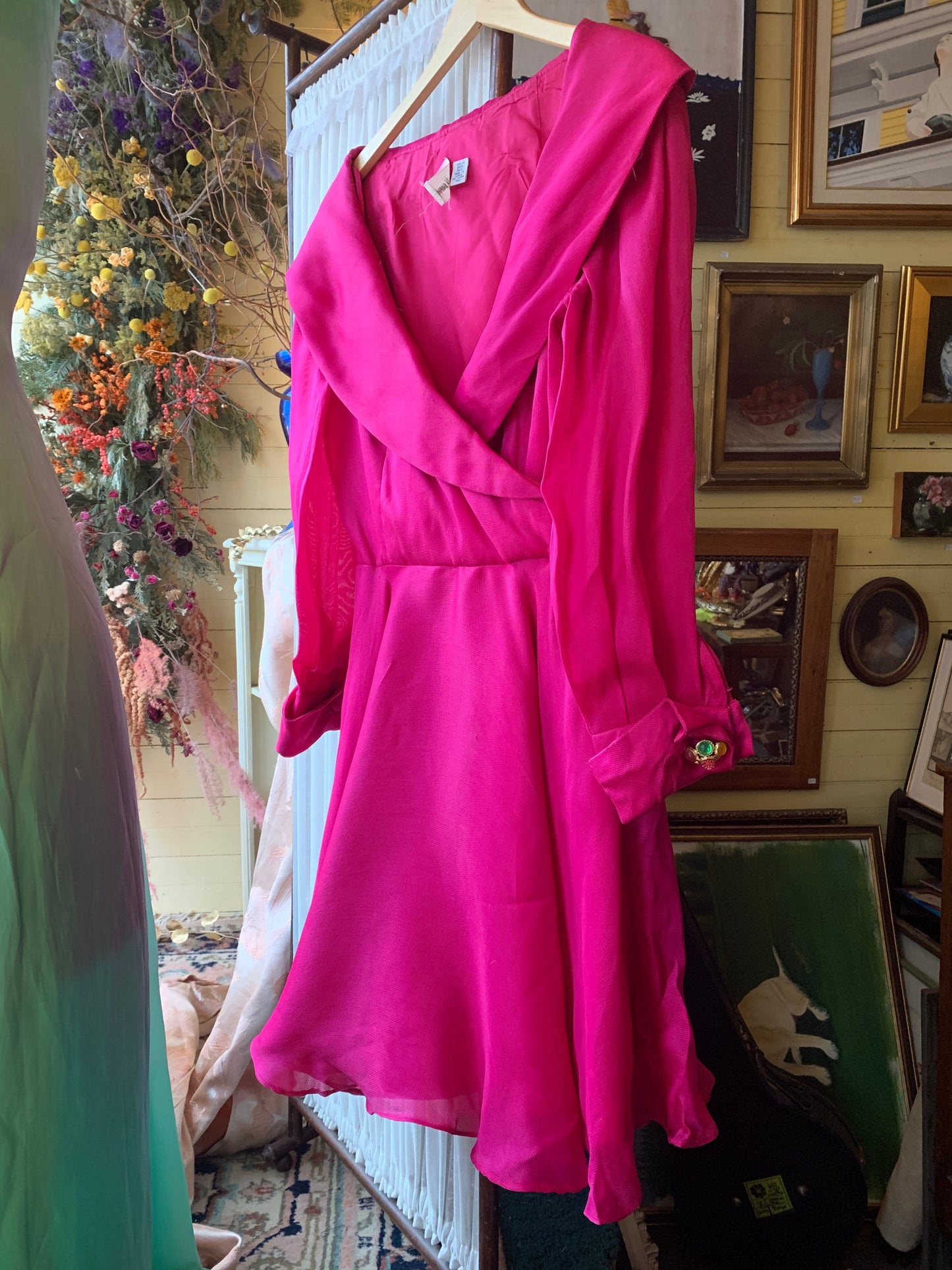 1970s Neiman Marcus Magenta Pink Silk Dress M