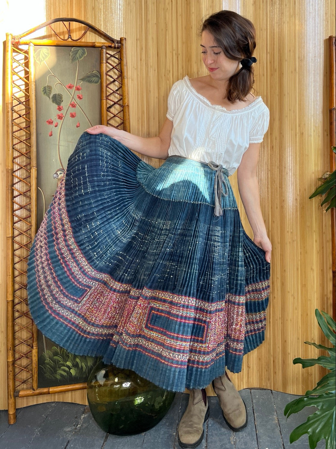 1940s Hmong Indigo Dyed Pleated Wrap Skirt XS- M