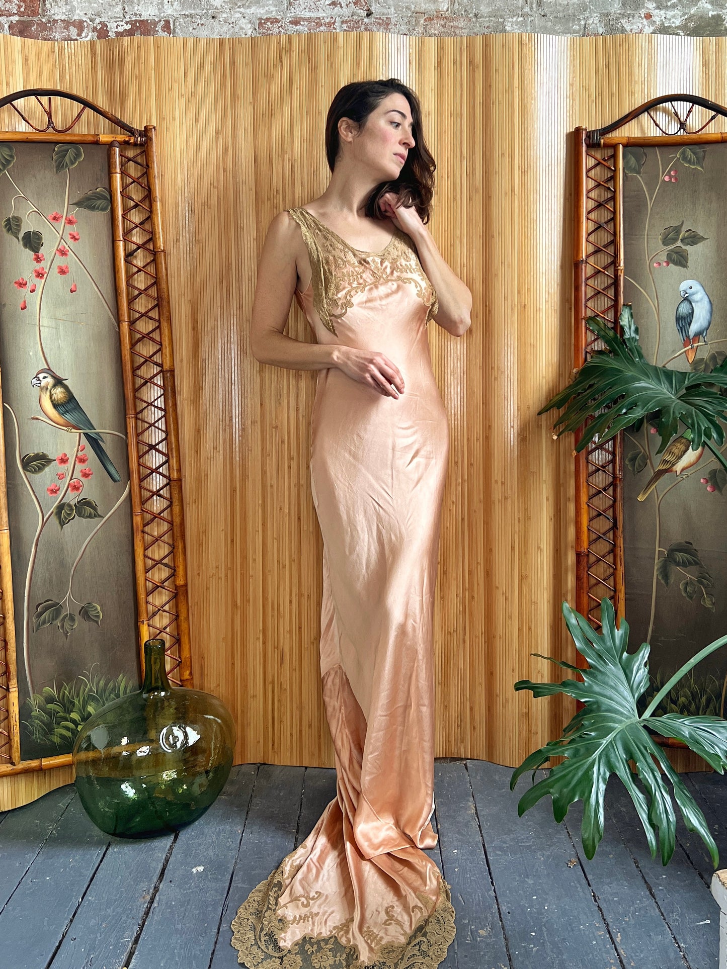 1930s Rose Gold Silk and Lace Bias Cut Gown S/M