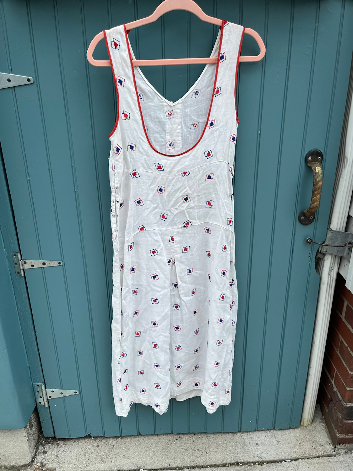 1930s Summer Linen Day Dress with Deco Embroidery S/M