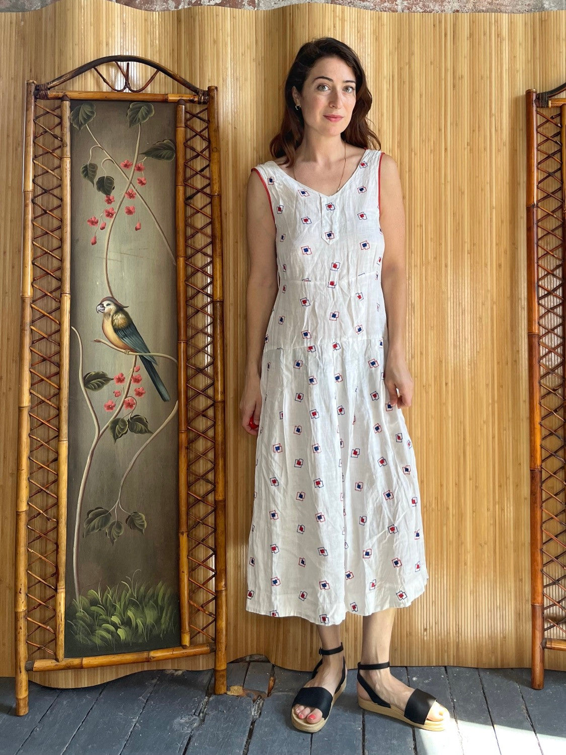 1930s Summer Linen Day Dress with Deco Embroidery S/M – The Lady Next Door 1930s Summer Linen Day Dress with Deco Embroidery S/M – The Lady Next Door
