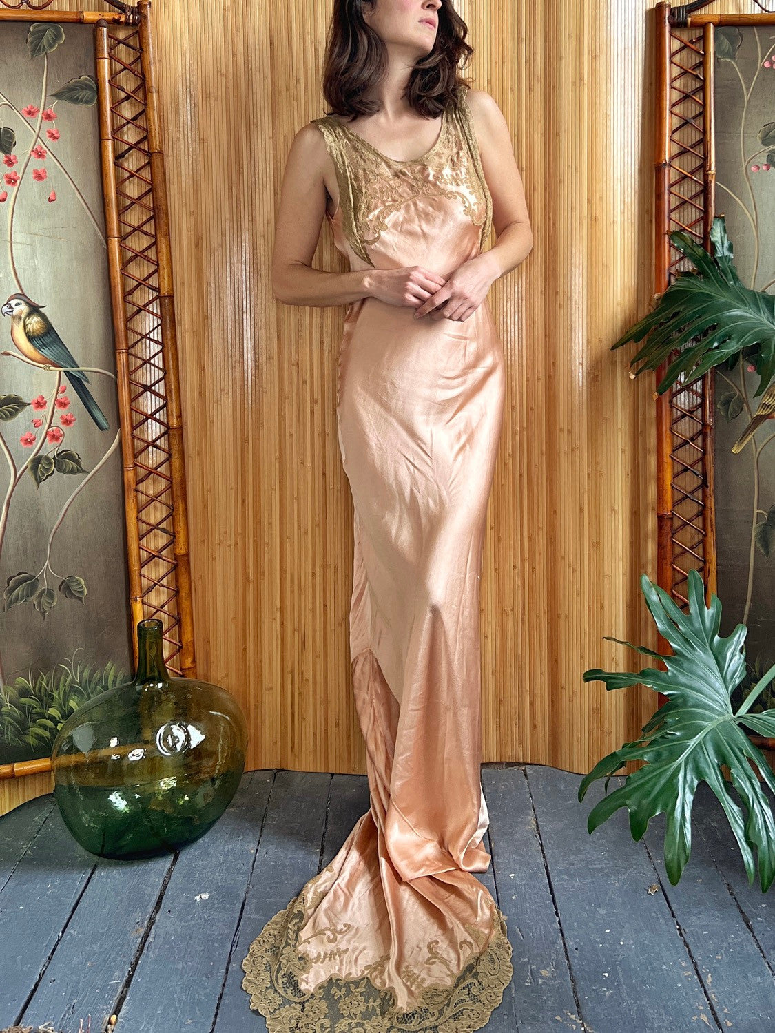 1930s Rose Gold Silk and Lace Bias Cut Gown S/M