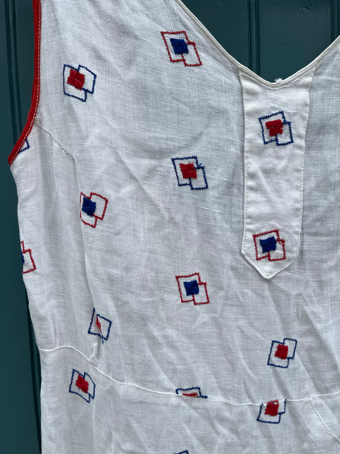 1930s Summer Linen Day Dress with Deco Embroidery S/M