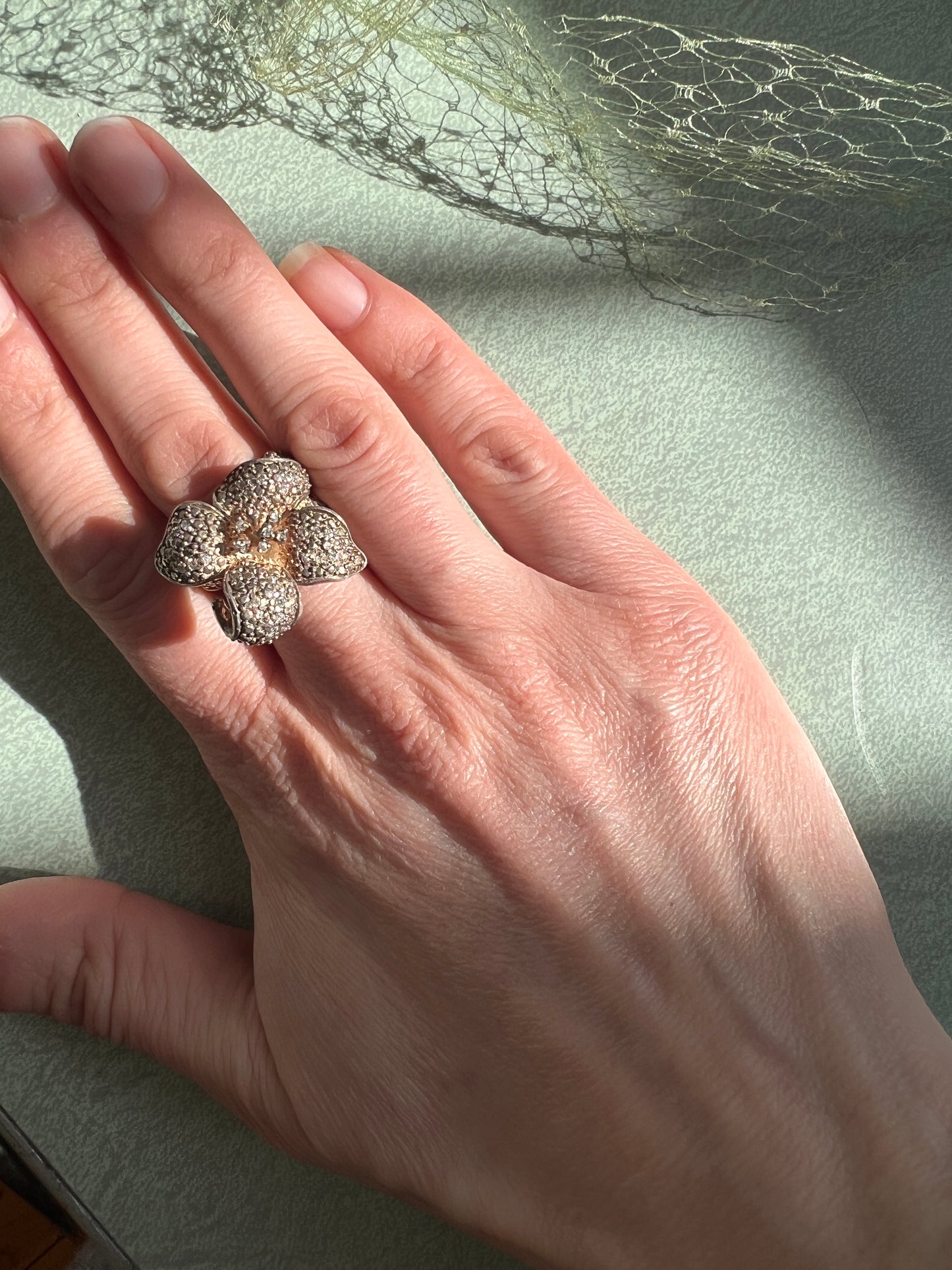 Sterling Marcasite and Rhinestone Tropical Flower Ring