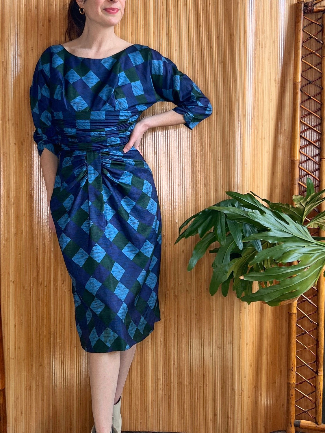 1950s Silk Diamond Check Dress L