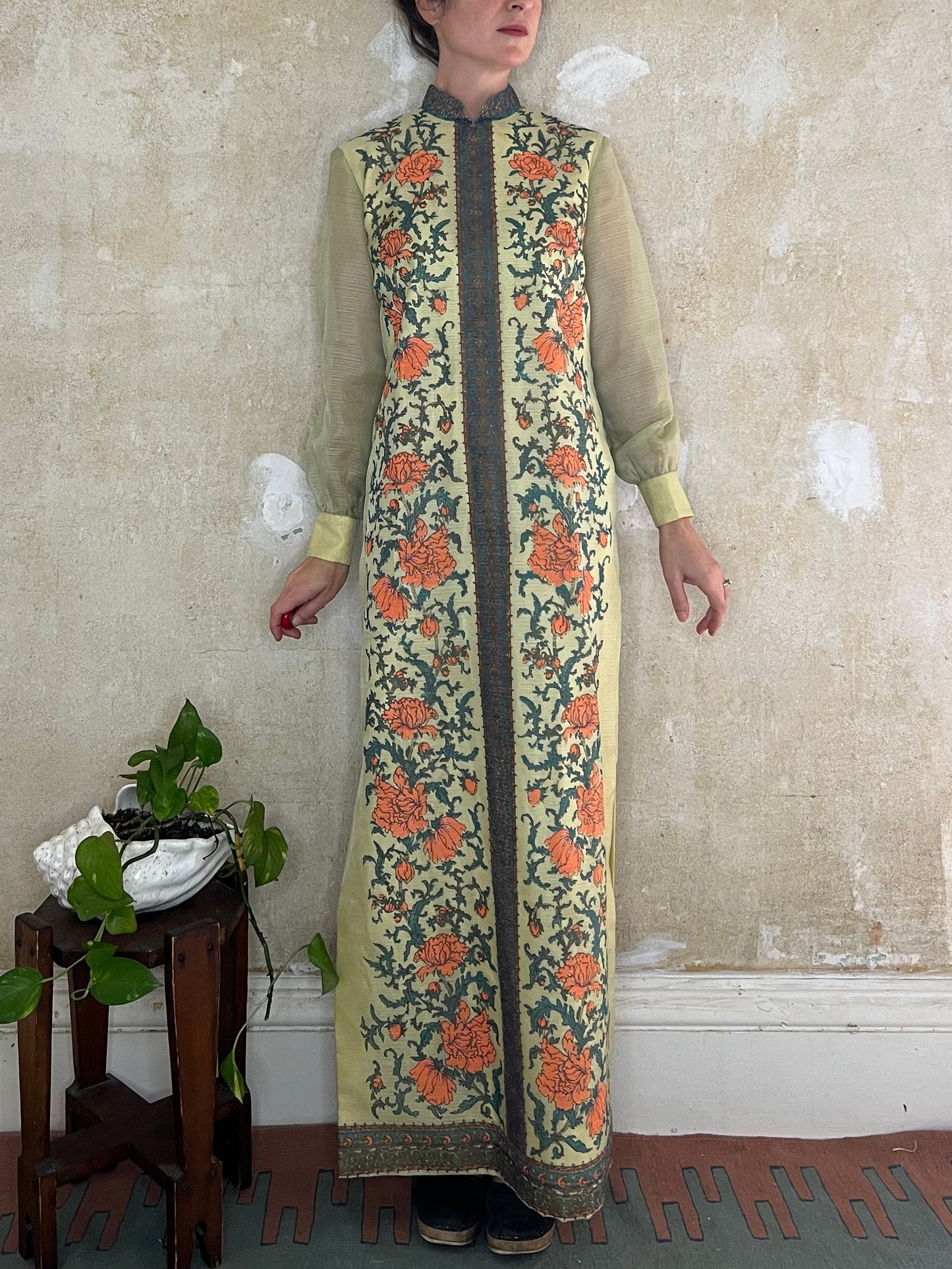 1960s Alfred Shaheen Metallic Print Maxi S/M