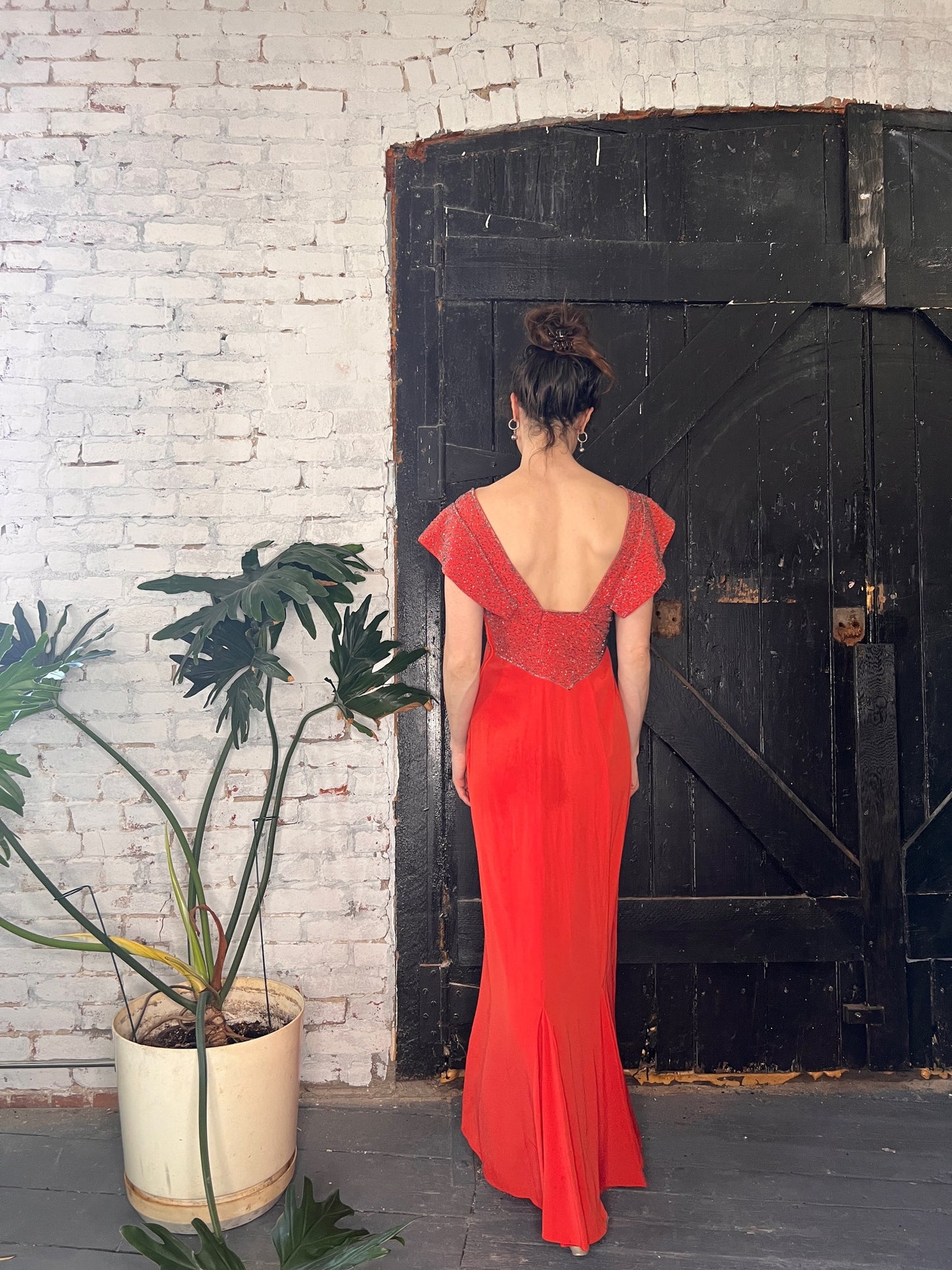 Deco Darling Coral Silk Beaded Gown S