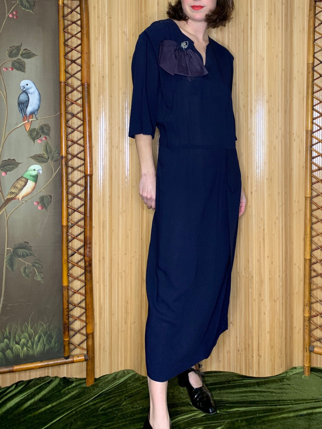 1940s Navy Silk Dress Size L/XL