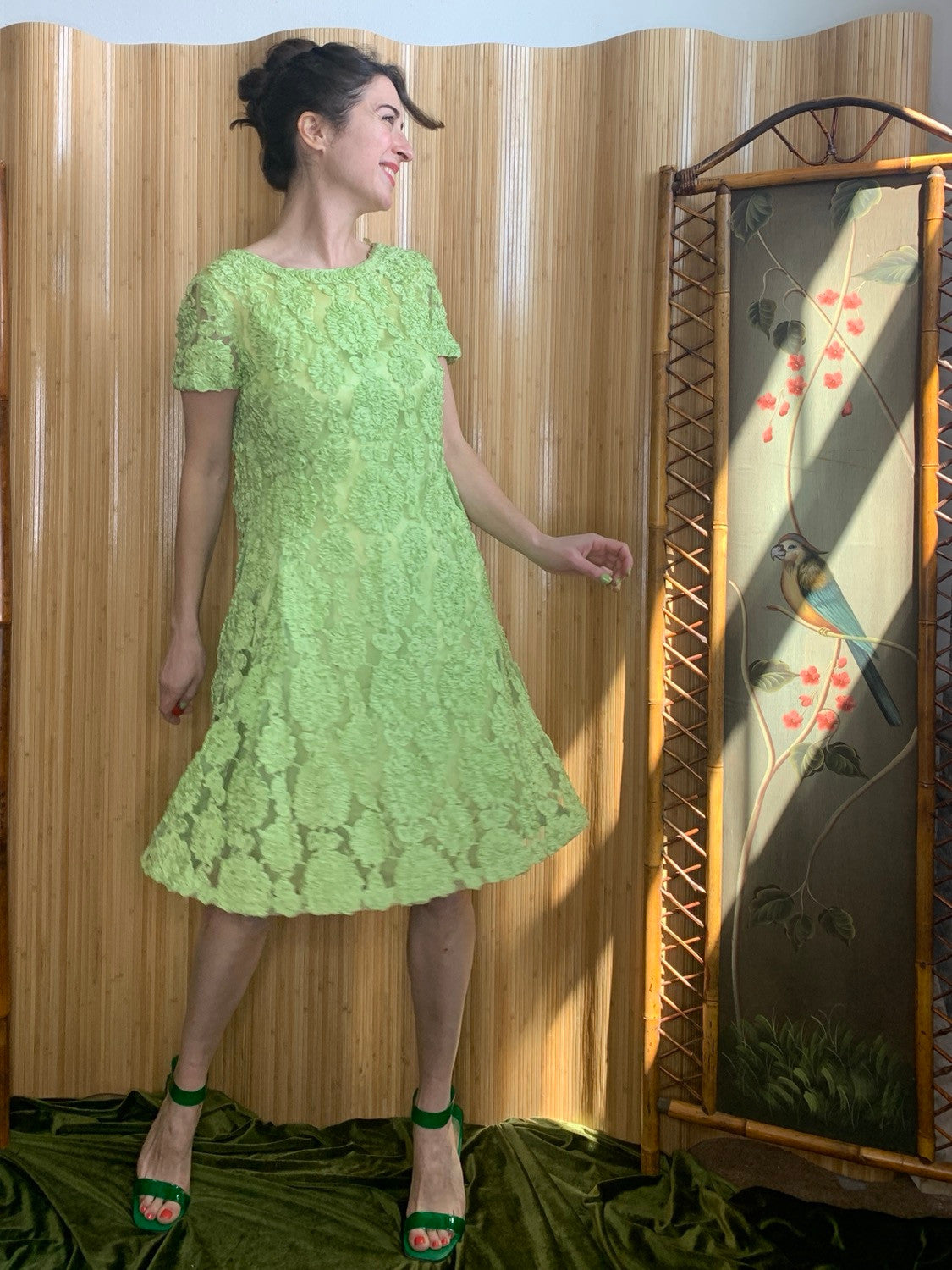 1960s Ribbonwork Mesh Swing Dress M/L