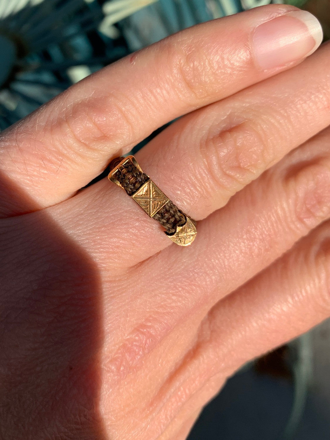 Antique Victorian Woven Hair 15k Gold Buckle Ring Mourning Jewelry