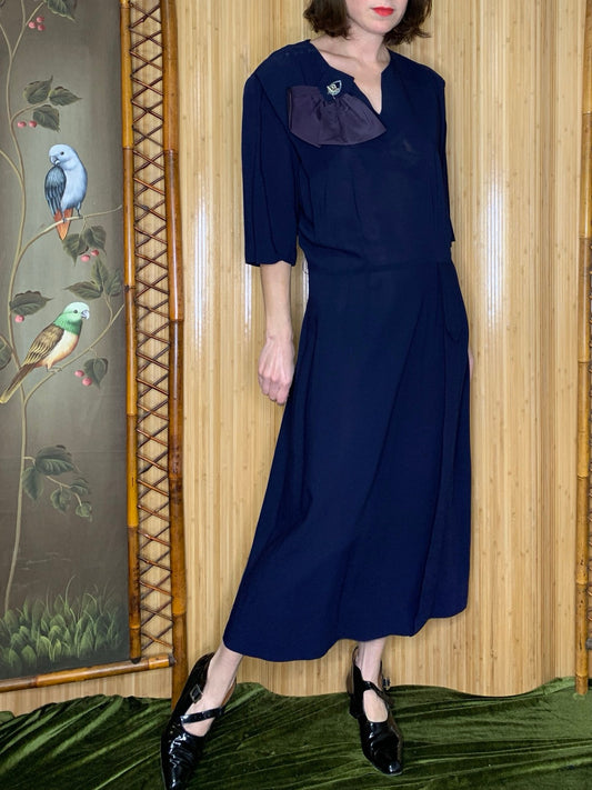 1940s Navy Silk Dress Size L/XL