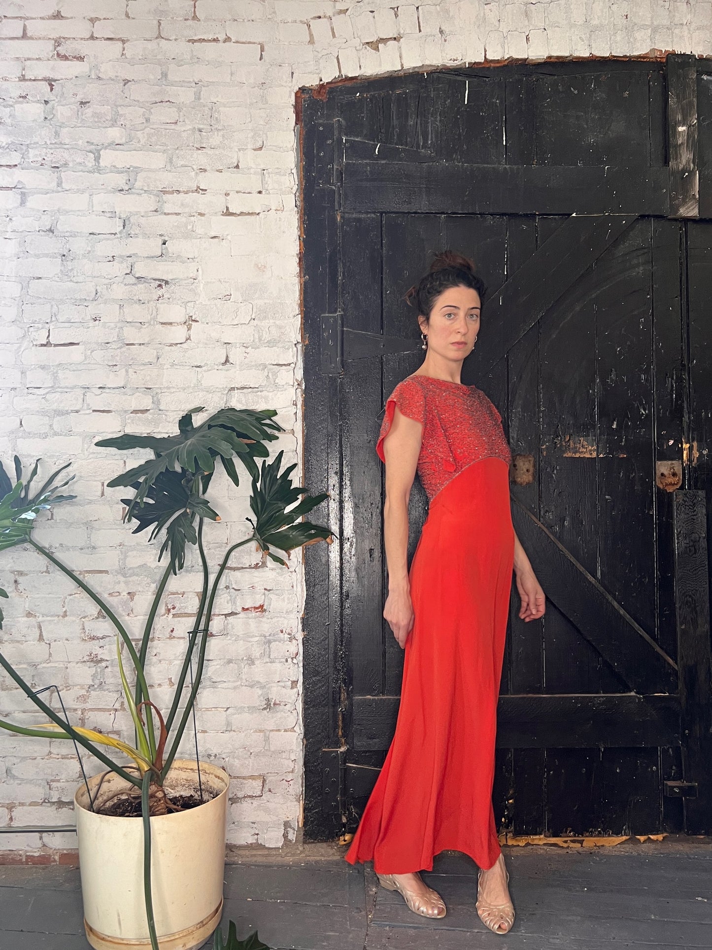Deco Darling Coral Silk Beaded Gown S