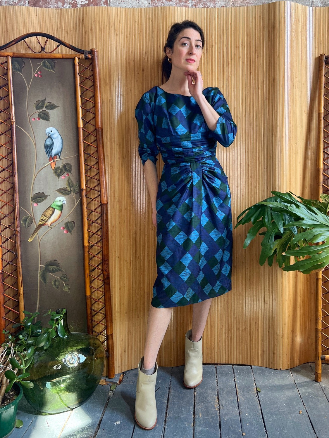 1950s Silk Diamond Check Dress L