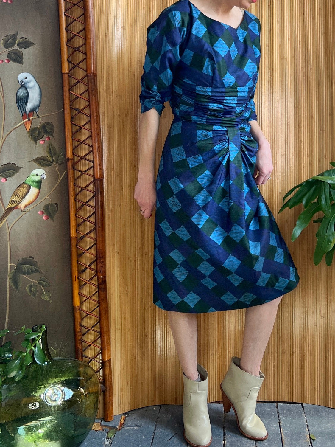 1950s Silk Diamond Check Dress L