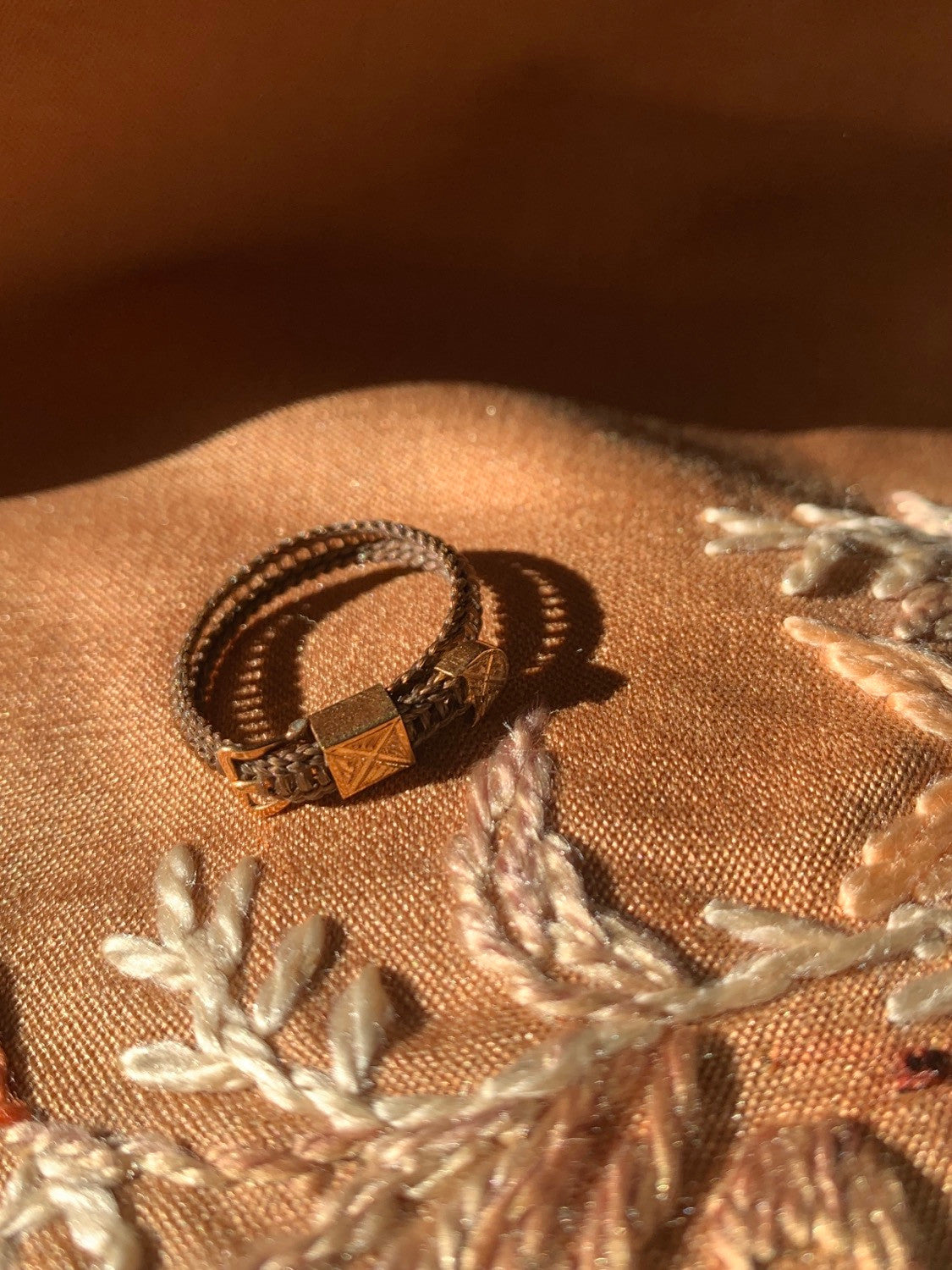 Antique Victorian Woven Hair 15k Gold Buckle Ring Mourning Jewelry