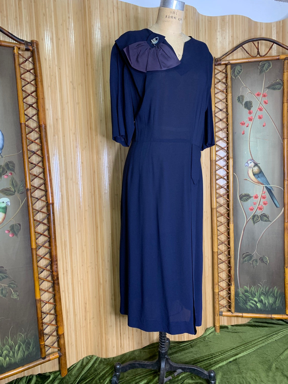 1940s Navy Silk Dress Size L/XL