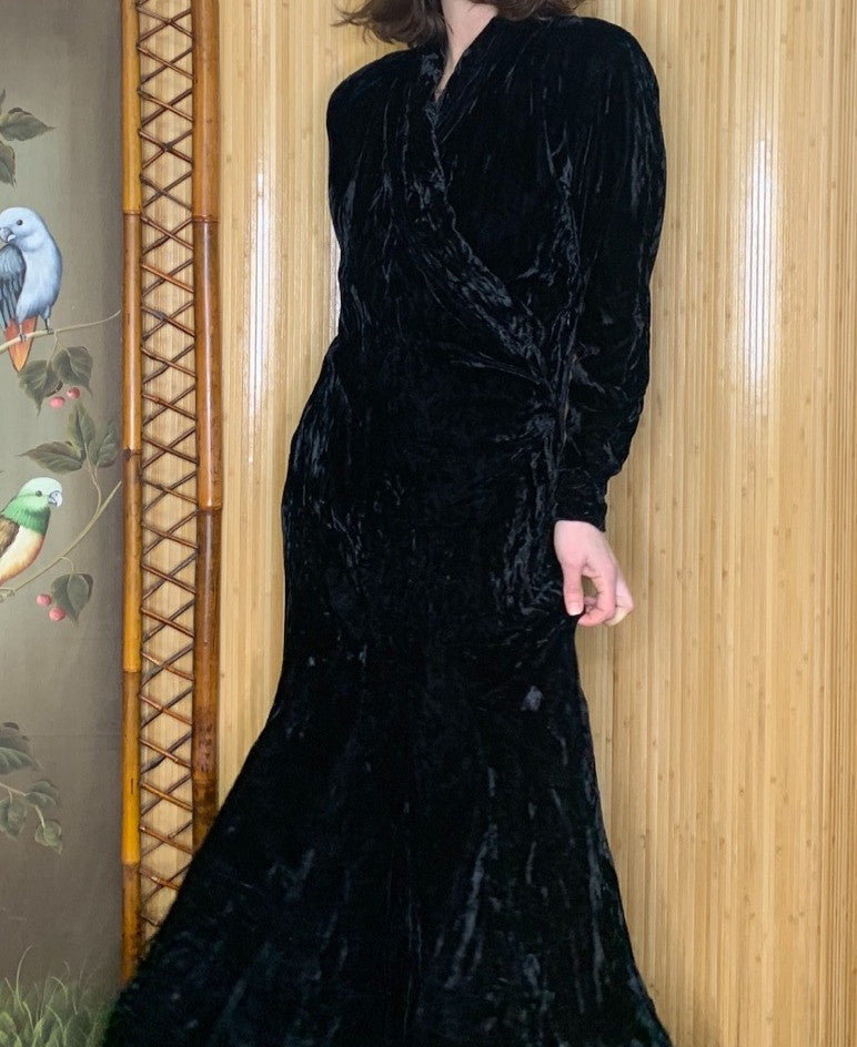 1980s Norma Kamali Crushed Velvet Gown M