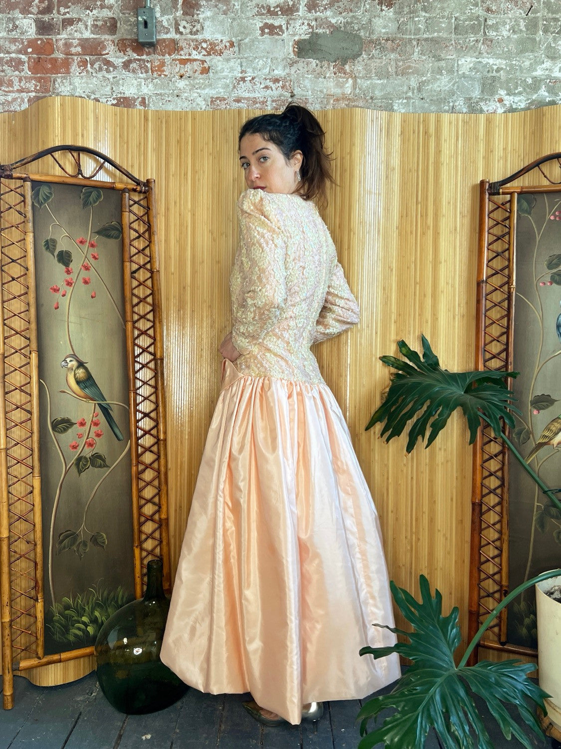 1980s Carolina Herrera Silk and Sequin Deb Gown M