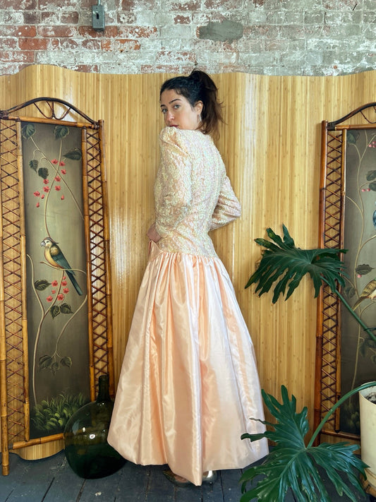 1980s Carolina Herrera Silk and Sequin Deb Gown M